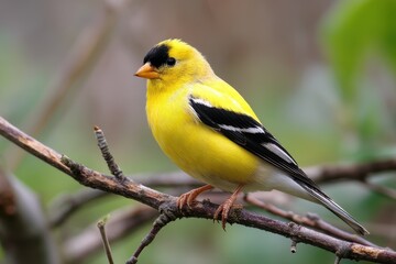Naklejka premium Vibrant Male American Goldfinch in Nature: A Splash of Yellow and Black in Forest and Meadow Settings