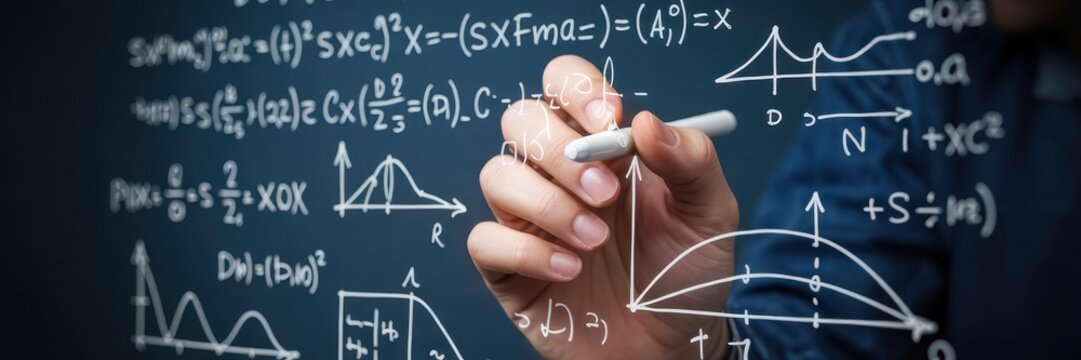 Hand writing equations and graphs on a dark board
