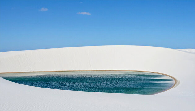 Amazing sand dunes in the desert with white sand and an exotic little blue lake in a desert oasis with a blue sky background - Powered by Adobe