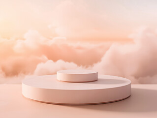 minimalist and elegant podium scene designed for product presentation. It showcases a circular podium set against a backdrop of soft, pastel-colored clouds. 