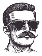 Naklejka premium Vintage Woodcut Style Illustration of a Man with Sunglasses