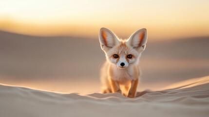 A charming fennec fox stands against a serene sunset in the desert, showcasing its distinctive large ears and playful demeanor amidst tranquil sands and warm hues.