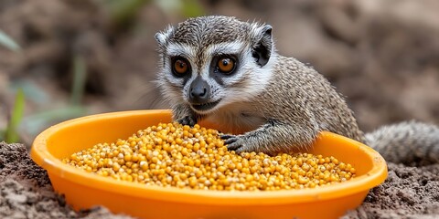 Ring-tailed lemur eating seeds in enclosure