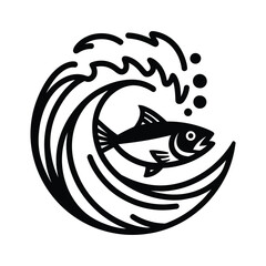 Fish Emerging from a Majestic Ocean Wave, Majestic Fish and Wave Illustration for Logos
