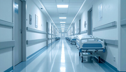 An empty sterile and cold lighted hospital corridor with some beds and doors