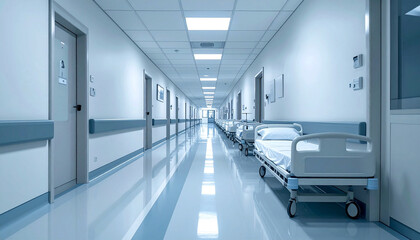 An empty sterile and cold lighted hospital corridor with some beds and doors