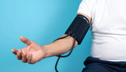 Fototapeta premium A man measuring his blood pressure with a device at the hospital with a blue background wall