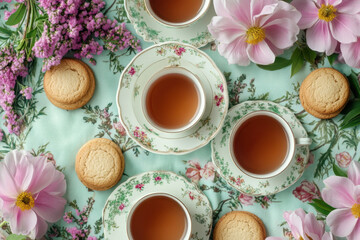 Tea and cookies resting on a vibrant blue background.