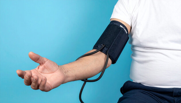 A man measuring his blood pressure with a device at the hospital with a blue background wall