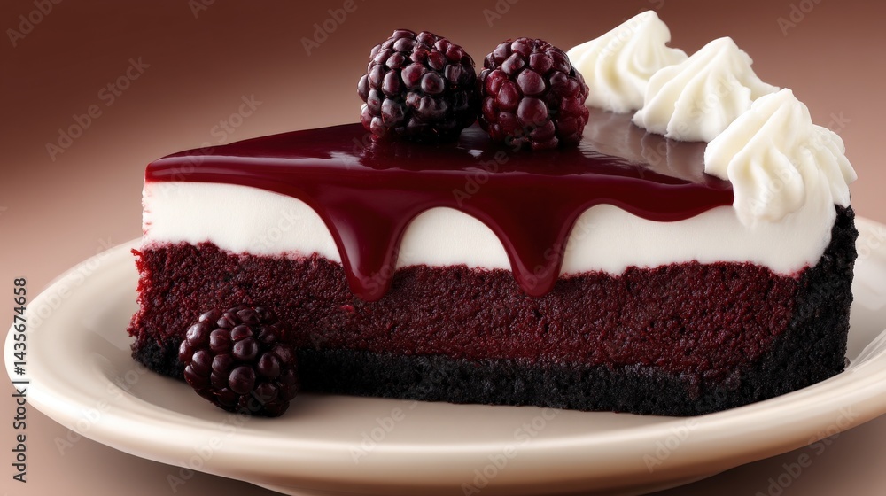 Poster chocolate sponge cake slice with dark red cherry topping and visible layers of cream arranged on whi