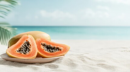 Two halves of fresh ripe papaya placed on a sandy plate against a stunning beach backdrop, emphasizing tropical vibes and health benefits of this exotic fruit.