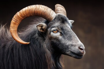 Naklejka premium Majestic Ram Goat Silhouette. Curved Horns against a Dark Farm Background