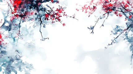 Red  Blue Blossom Branches.