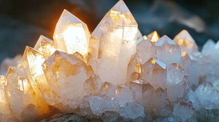 Illuminated cluster of quartz crystals showcasing translucent, pointed formations and warm light.