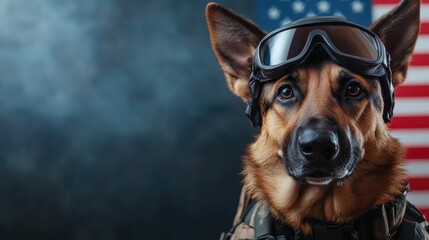 A noble German Shepherd wearing tactical gear and goggles stands proud against an American flag backdrop, symbolizing courage and loyalty in service and companionship.