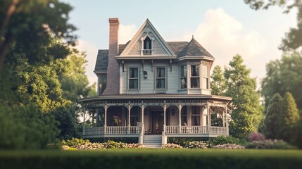 Victorian-style house with wrap-around porch, surrounded by lush greenery.