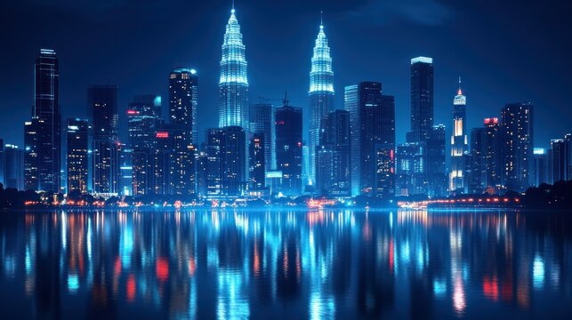Fototapeta Vibrant city skyline at night reflecting on water
