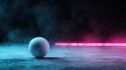An atmospheric shot of a golf ball resting in a misty setting illuminated by soft blue and pink lights, symbolizing tranquility and focus in the world of golf.
