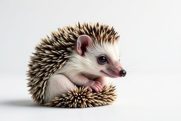 Obraz premium Tiny hedgehog, curled in a ball on white background, pattern, background