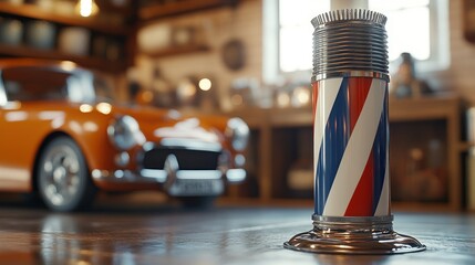 Vintage barber pole in a classic car garage