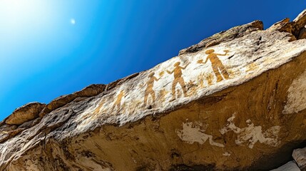 Ancient figures etched on stone cliff face.
