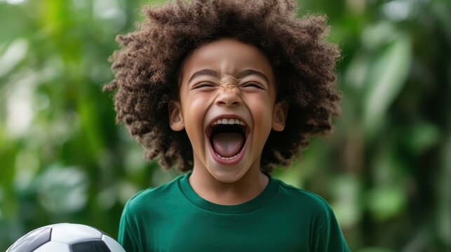 A joyful child with curly hair is passionately playing soccer, showcasing pure excitement and happiness while holding a soccer ball against a lush green background.