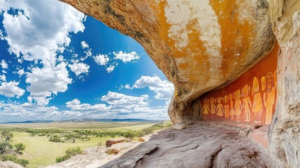 Ancient rock shelter art overlooks expansive landscape.