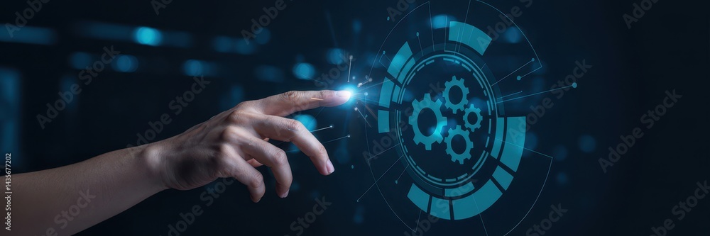 Poster digital interface with interconnected gears.