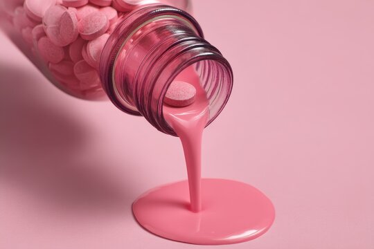 Pouring a Dose of Antacid: Effective Relief for Nausea, Heartburn, and Gas from a Pink Medicine Bottle