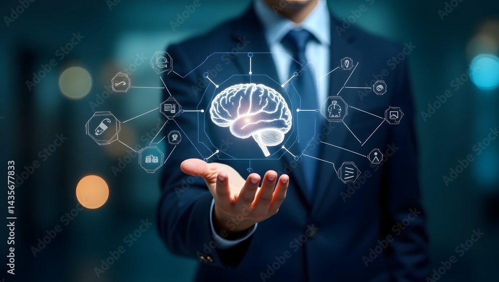 Aufkleber businessman presenting an illuminated brain with connected ai and technology icons in a modern setti