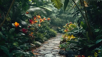 Stone path winds through lush, vibrant, tropical foliage.
