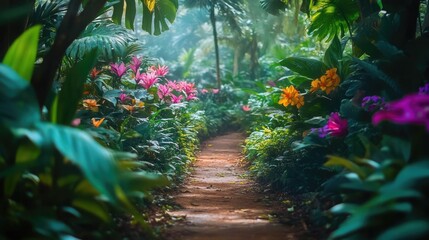 Lush tropical path, vibrant flowers, green foliage.