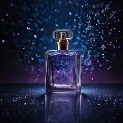 Elegant perfume bottle, surrounded by glittering particles, in a dramatic setting.