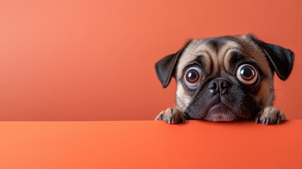 A charming pug dog with big, expressive eyes looks inquisitively over an orange surface, evoking emotions of joy, curiosity, and affection for viewers.