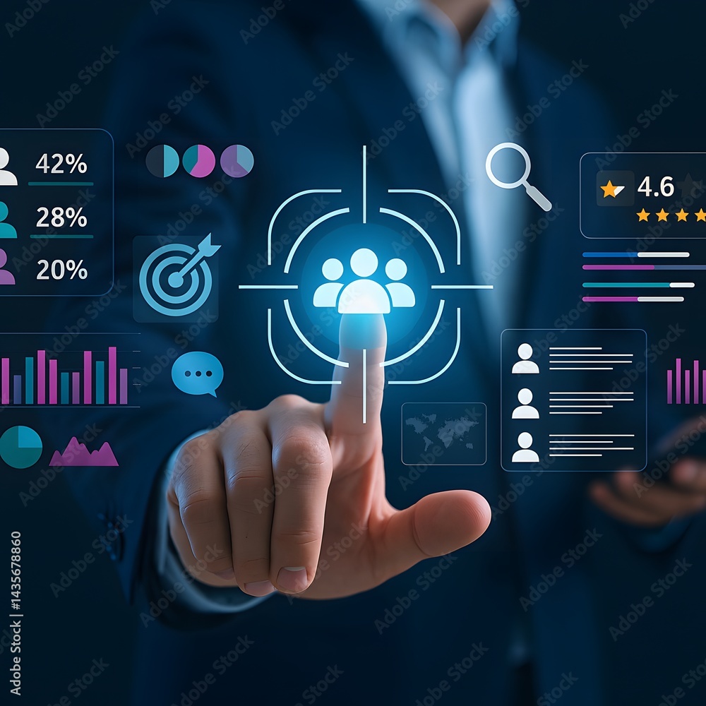Poster digital marketing strategy and audience targeting concept. businessman interacts with data analytics