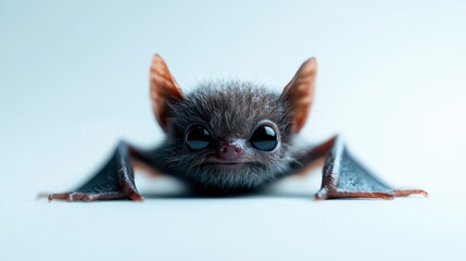 An adorable young bat showcases its glossy eyes and fluffy fur in a whimsical pose, embodying cuteness and sparking joy and intrigue in viewers looking within wildlife.