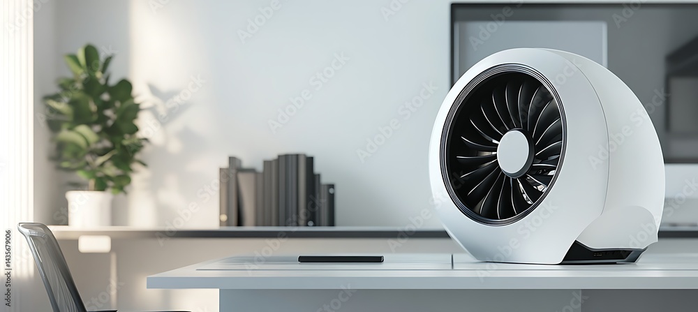 Poster futuristic hydroelectric turbine prototype placed on office desk with branding panel displayed for c