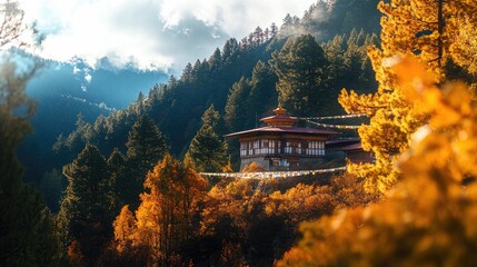 Mountaintop building, autumn trees, prayer flags.