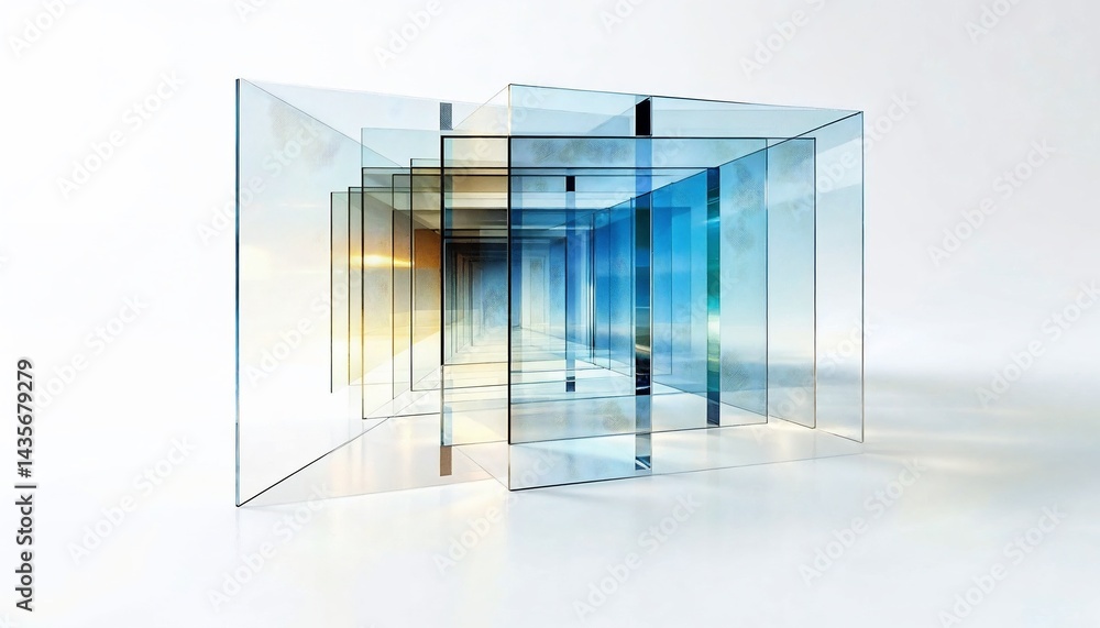Poster glass architecture: an abstract architectural design, showcasing a series of transparent glass panel