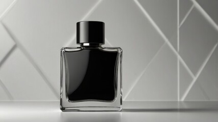 Stylish black perfume bottle on a white surface.