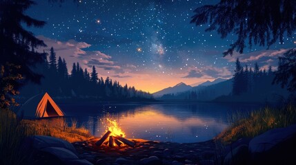 Campfire, tent, lake, stars, tranquil forest scene.