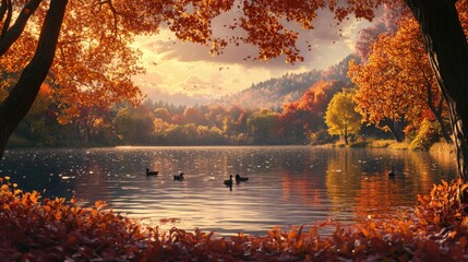 Autumn lake scene; colorful trees, calm water, birds.