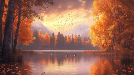 Autumn lake scene; golden trees, birds flying, calm water.