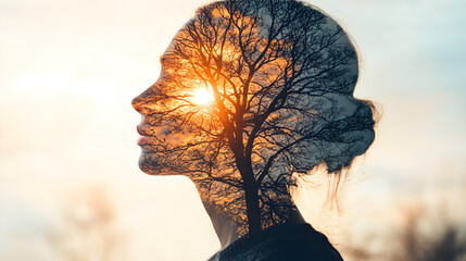 Double exposure image of a person in contemplation, superimposed with bare tree branches, conveying introspection and connection to nature, suitable for mental health or spiritual themes 