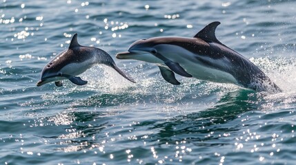 Captivating dolphins leaping together from the sparkling waters of the ocean