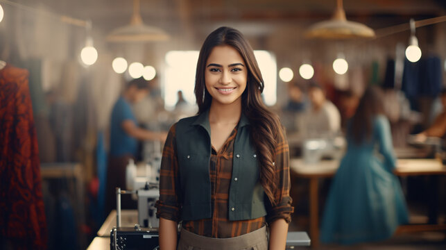 Indian female designer in traditional dress, showcasing elegant garment design, ideal for fashion branding or promotion.

