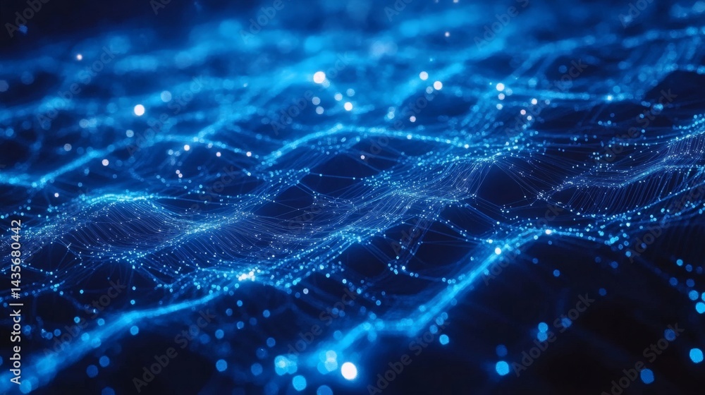 Aufkleber deep blue cyber network background with bright flowing circuits and translucent glowing hexagons