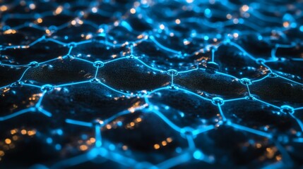 Obraz premium Deep blue cyber network background with bright flowing circuits and translucent glowing hexagons 