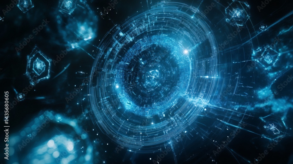 Poster cool futuristic blue panel with dynamic circuit maps and soft radiance from scattered hexagons