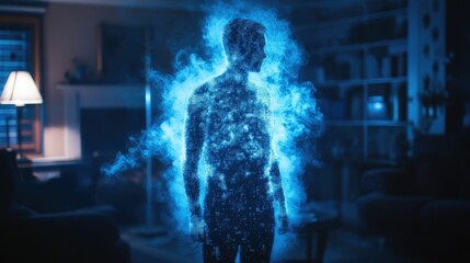 Glowing digital figure, smoky blue room.